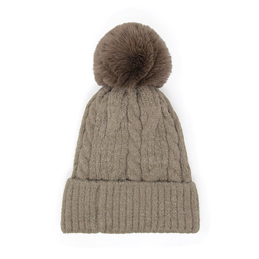 HATEGORY Lurex Accented Solid Cable Knitted Pom Pom Beanie Hat