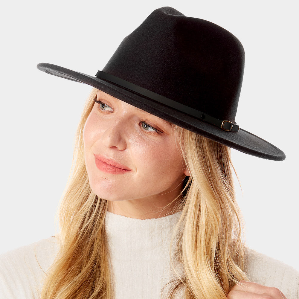 HATEGORY Faux Leather Band Detailed Solid Felt Panama Hat