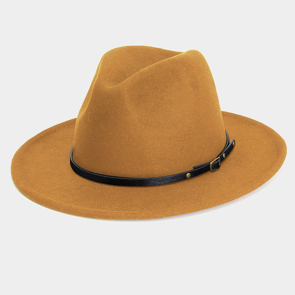 HATEGORY Faux Leather Band Detailed Solid Felt Panama Hat