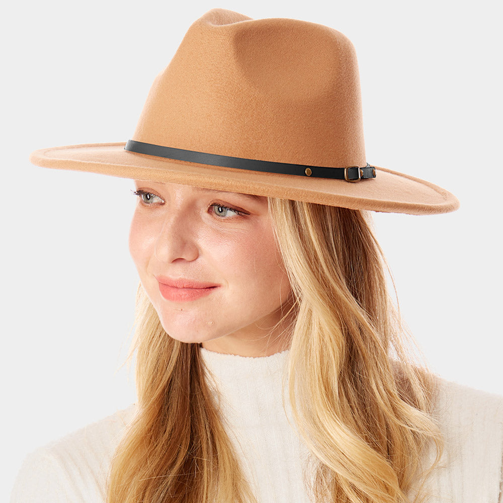 HATEGORY Faux Leather Band Detailed Solid Felt Panama Hat
