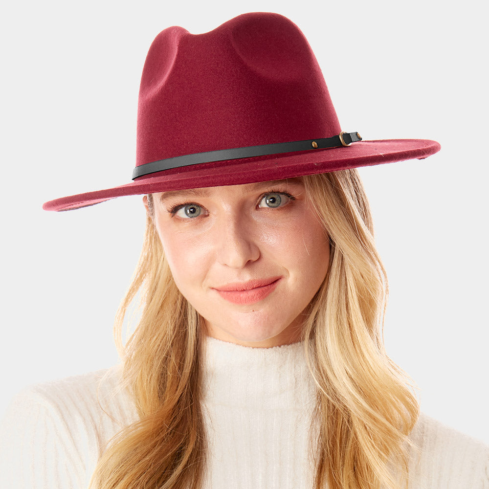 HATEGORY Faux Leather Band Detailed Solid Felt Panama Hat