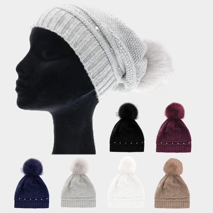 HATEGORY Rhinestone Embellished Pom Pom Knit Beanie Hat