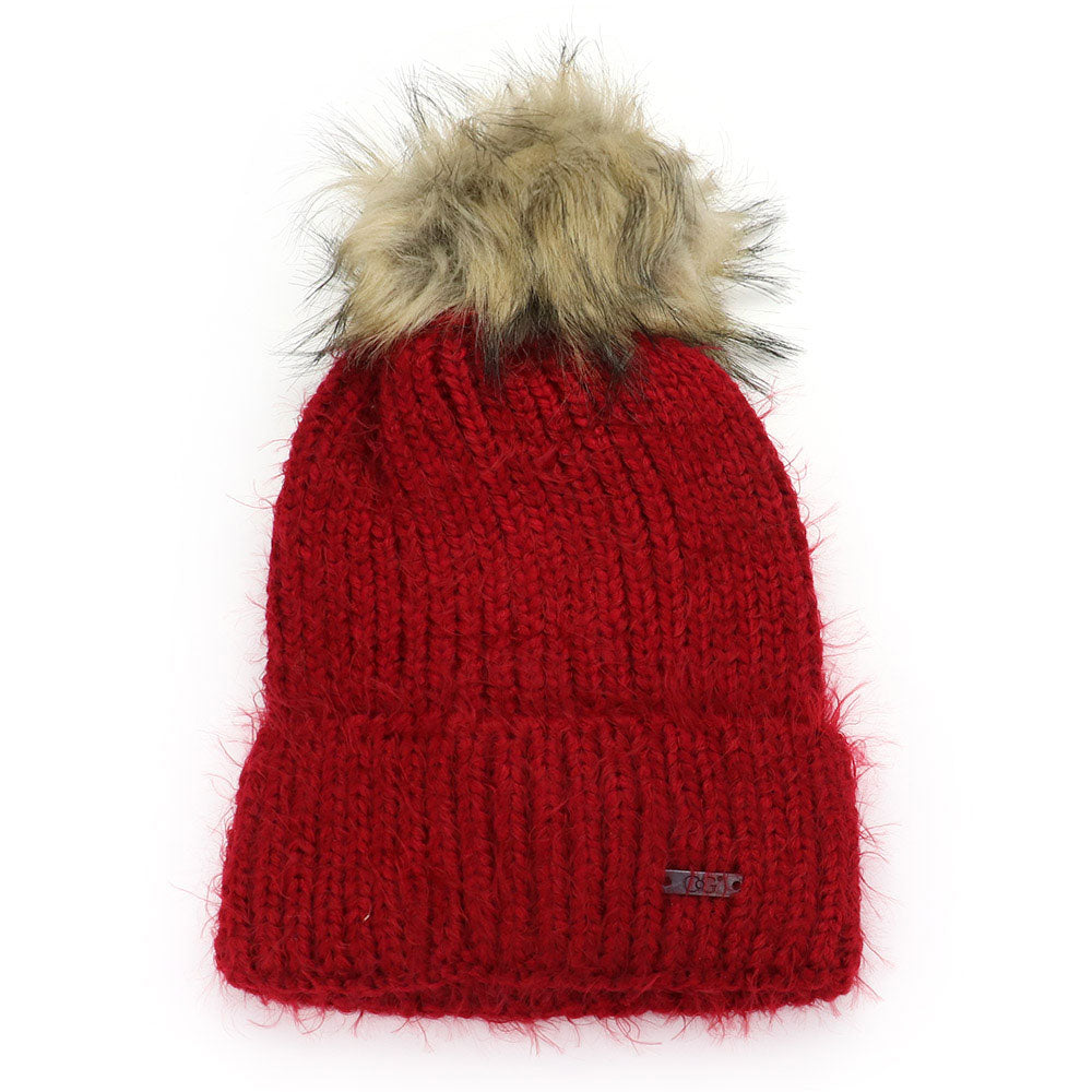 HATEGORY Faux Fur Pom Pom Cuffed Single Layered Beanie Hat