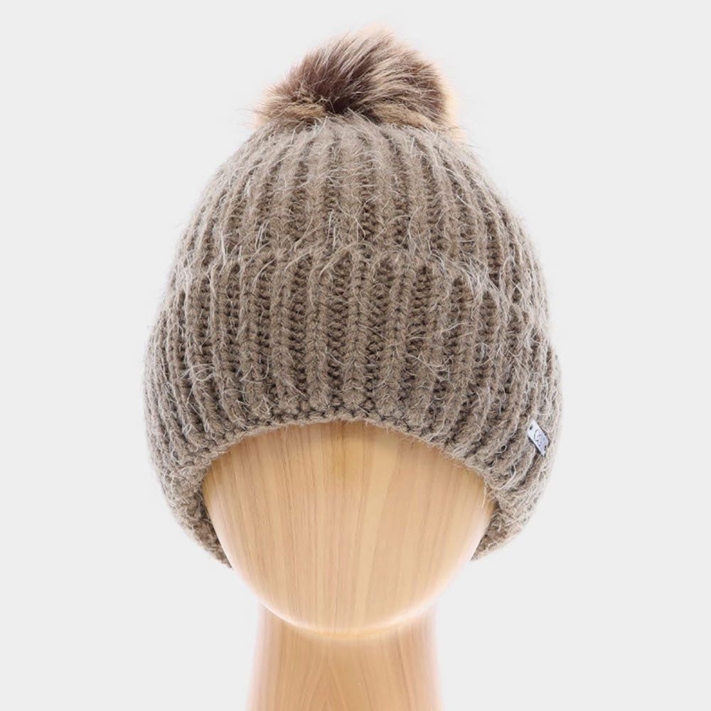 HATEGORY Faux Fur Pom Pom Cuffed Single Layered Beanie Hat