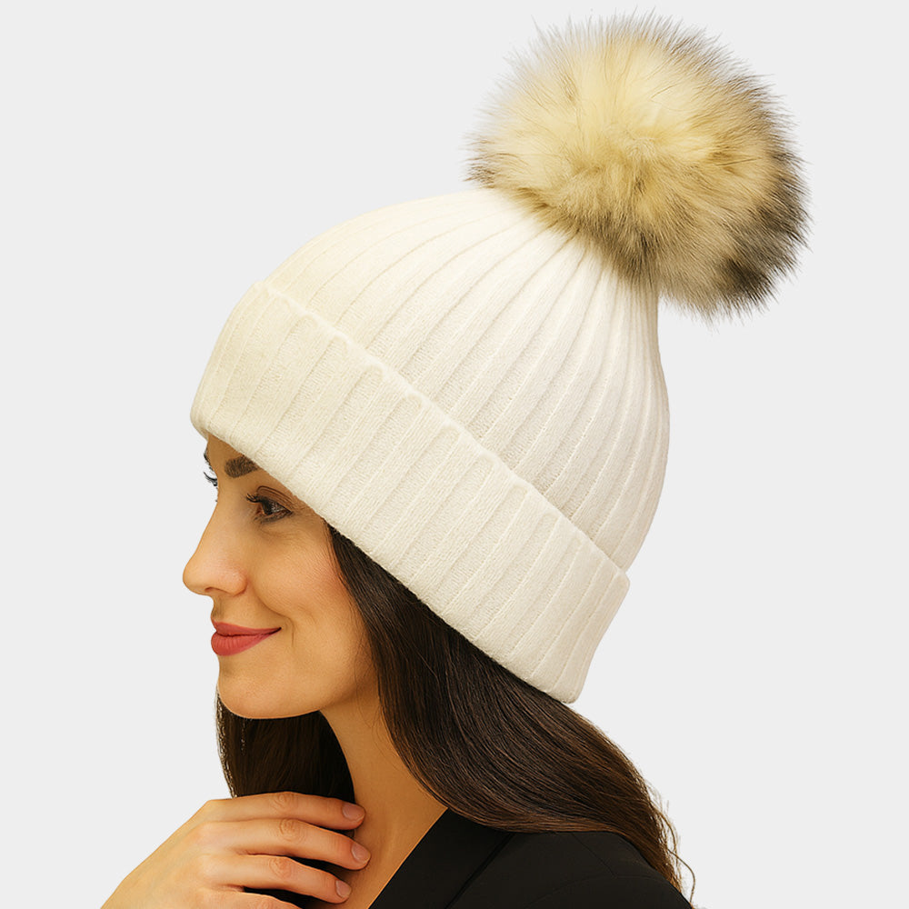 HATEGORY Knitted Fox Fur Pom Pom Winter Beanie Hat