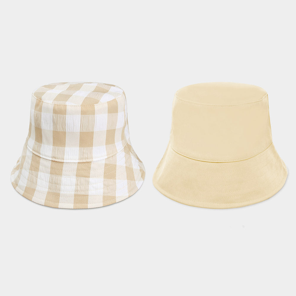 HATEGORY Wired Brim Plaid Check Patterned Reversible Bucket Hat