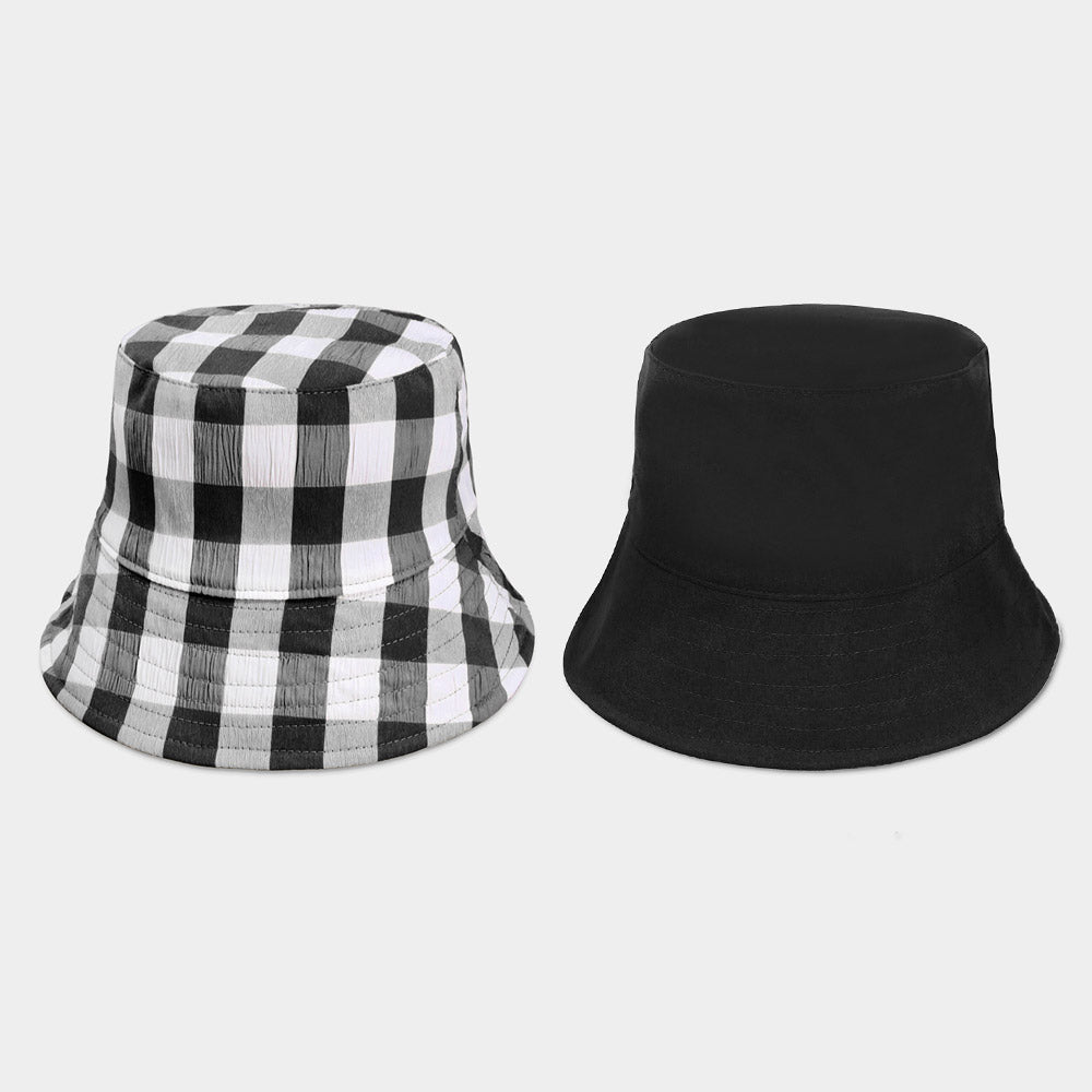 HATEGORY Wired Brim Plaid Check Patterned Reversible Bucket Hat