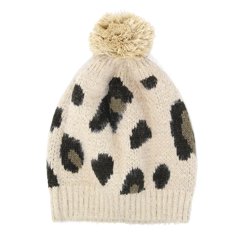 HATEGORY Soft Fuzzy Leopard Print Beanie Hat With Pom Pom