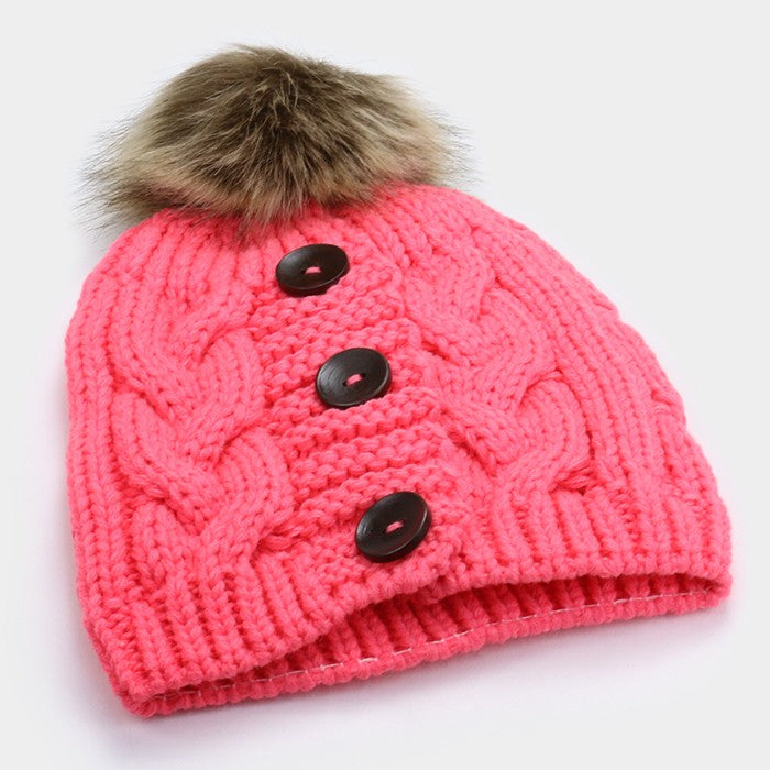 HATEGORY Triple button cable knit pom pom beanie hat