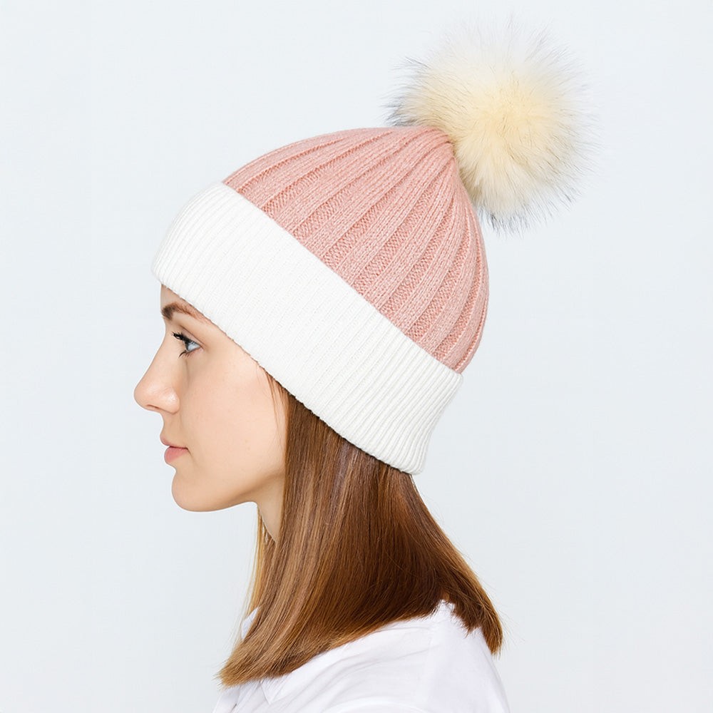 HATEGORY Two Tone Real Fur Pom Knit Winter Beanie Hat