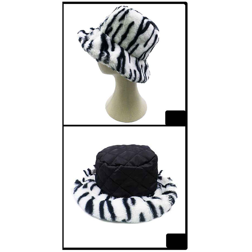 HATEGORY Reversible Zebra Patterned Soft Faux Fur Bucket Hat