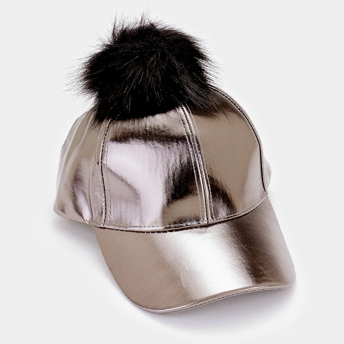 HATEGORY Furry pom pom metallic faux leather baseball cap