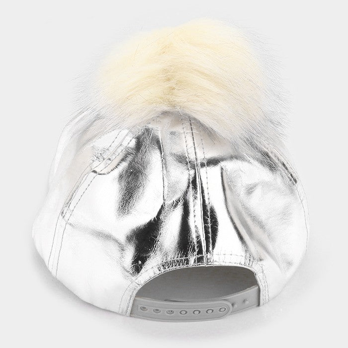 HATEGORY Furry pom pom metallic faux leather baseball cap