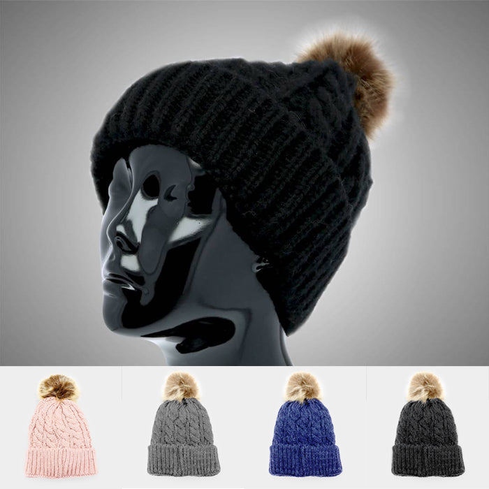 HATEGORY Soft Cable Knit Faux Pom Pom Beanie Hat