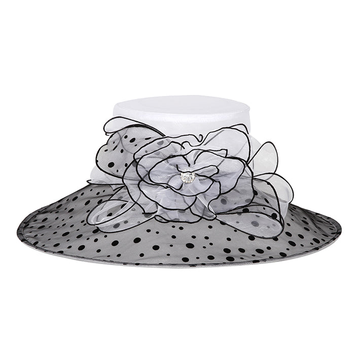 HATEGORY Wide polka dot brim flower organza hat