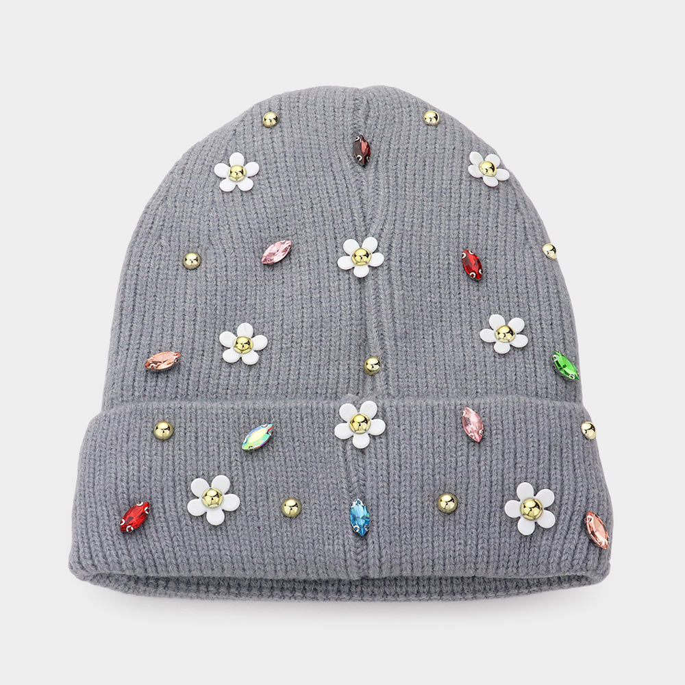 HATEGORY Fleece Lining Daisy Flower Stone Embellished Solid Knit Beanie Hat