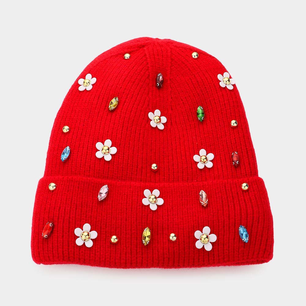 HATEGORY Fleece Lining Daisy Flower Stone Embellished Solid Knit Beanie Hat