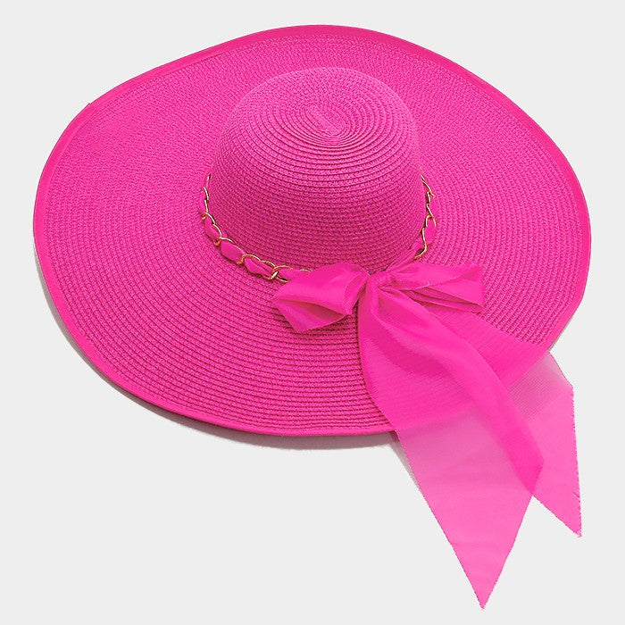 HATEGORY Wide brim paper straw floppy sun hat with metal chain ribbon
