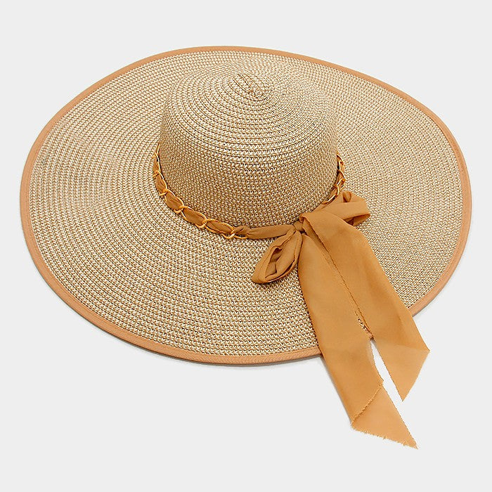 HATEGORY Wide brim paper straw floppy sun hat with metal chain ribbon