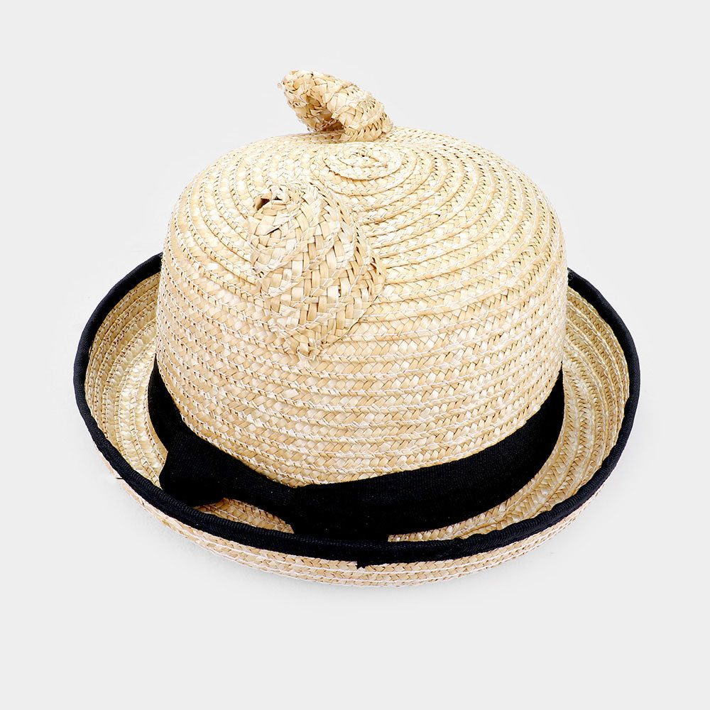HATEGORY Bear Ear Bow Woven Straw Floppy Hat