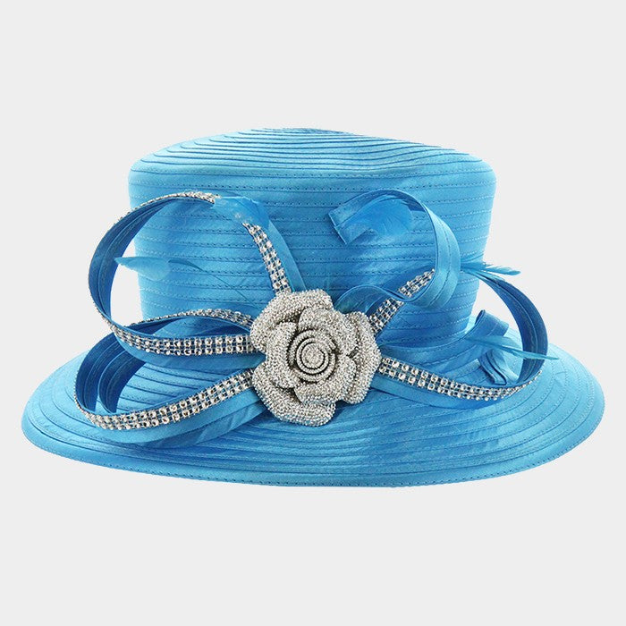 HATEGORY Crystal rose & feather detail satin hat with curly bow
