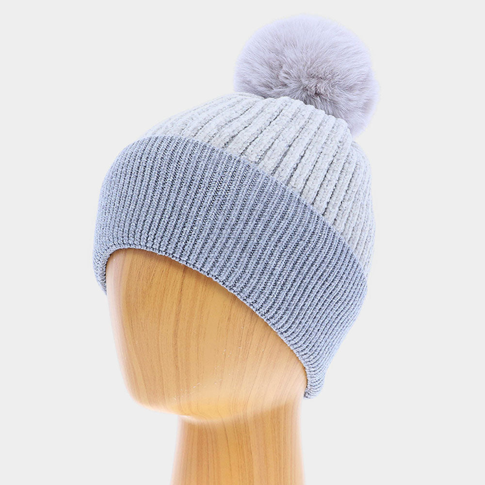 HATEGORY Solid Knit Faux Fur Pom Pom Beanie Hat