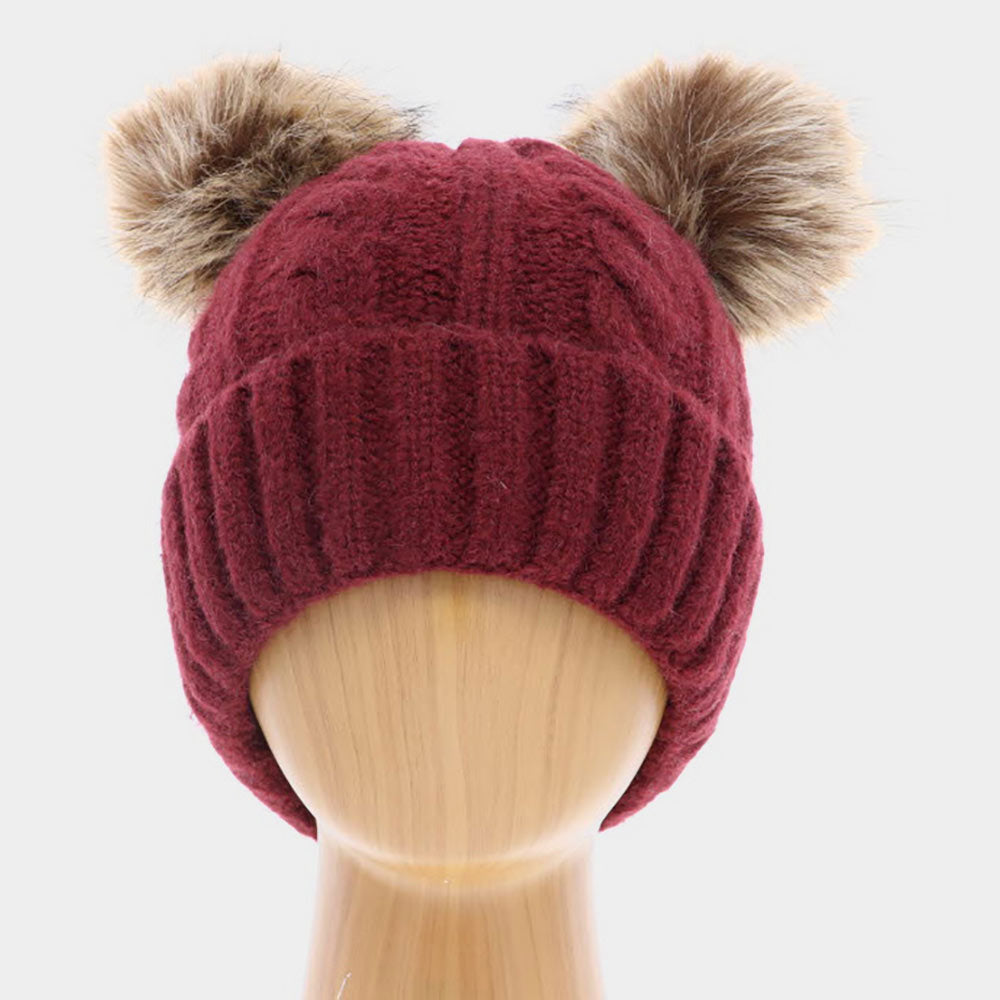 HATEGORY Single Layered Two Pom Pom Cuffed Knit Beanie Hat