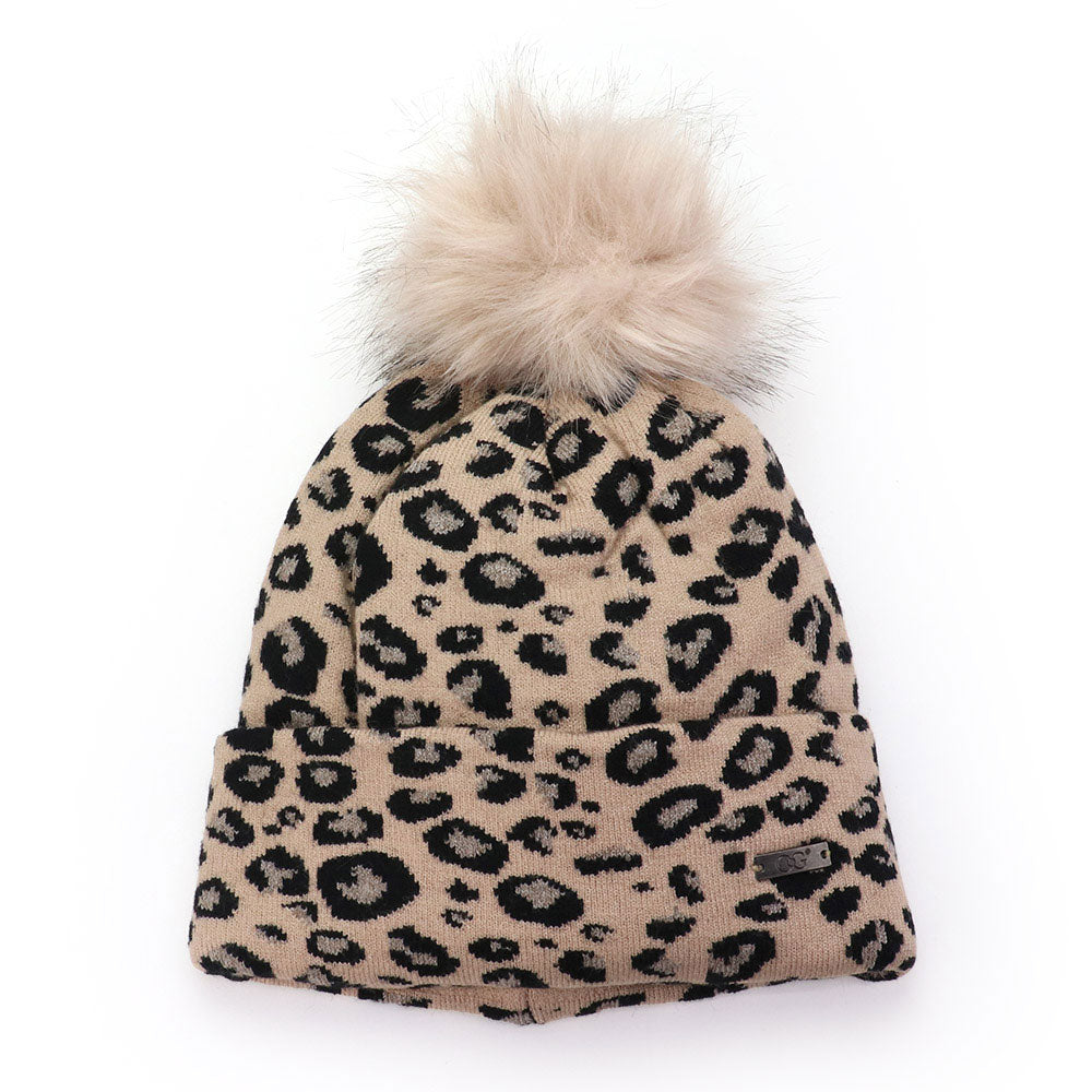 HATEGORY Cheetah Print Double Layered Pom Pom Beanie Hat