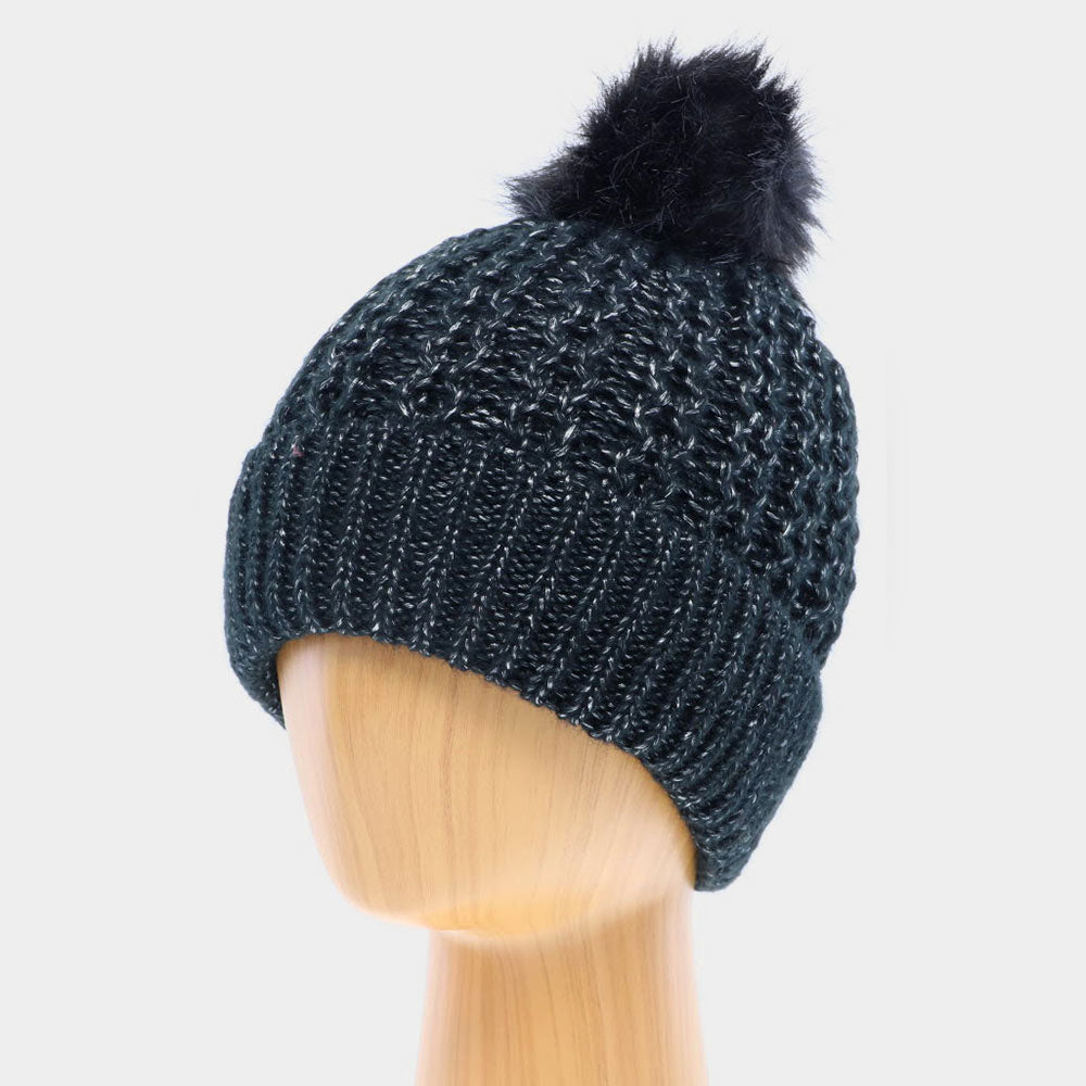 HATEGORY Double Layered Cheetah Print Pom Pom Beanie Hat
