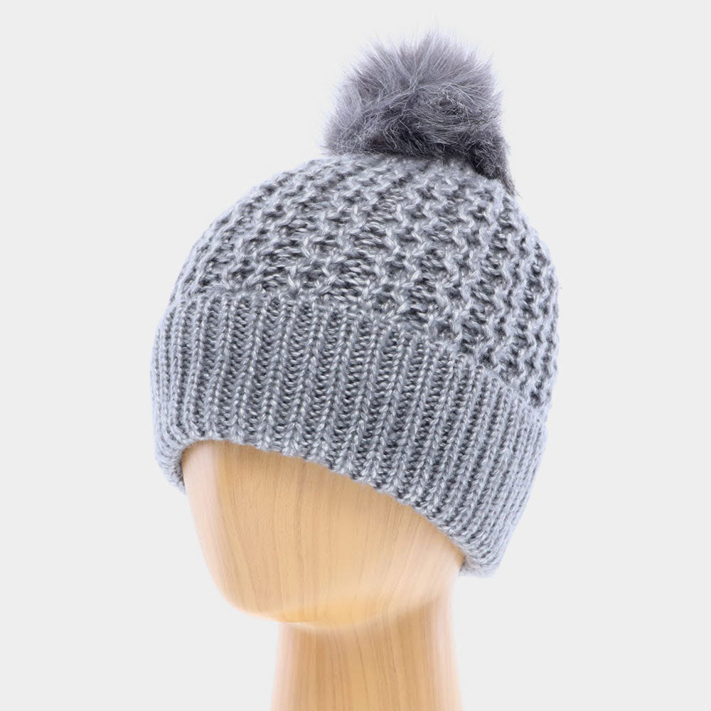 HATEGORY Double Layered Cheetah Print Pom Pom Beanie Hat