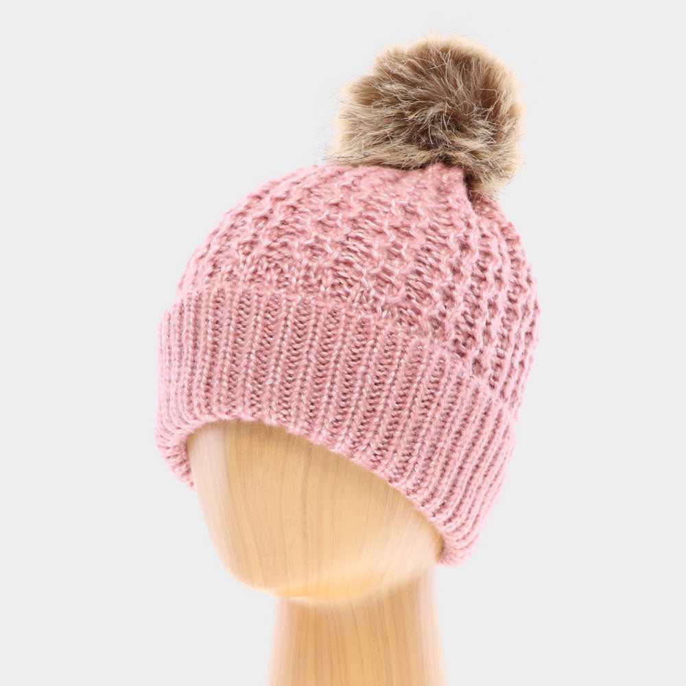 HATEGORY Double Layered Cheetah Print Pom Pom Beanie Hat