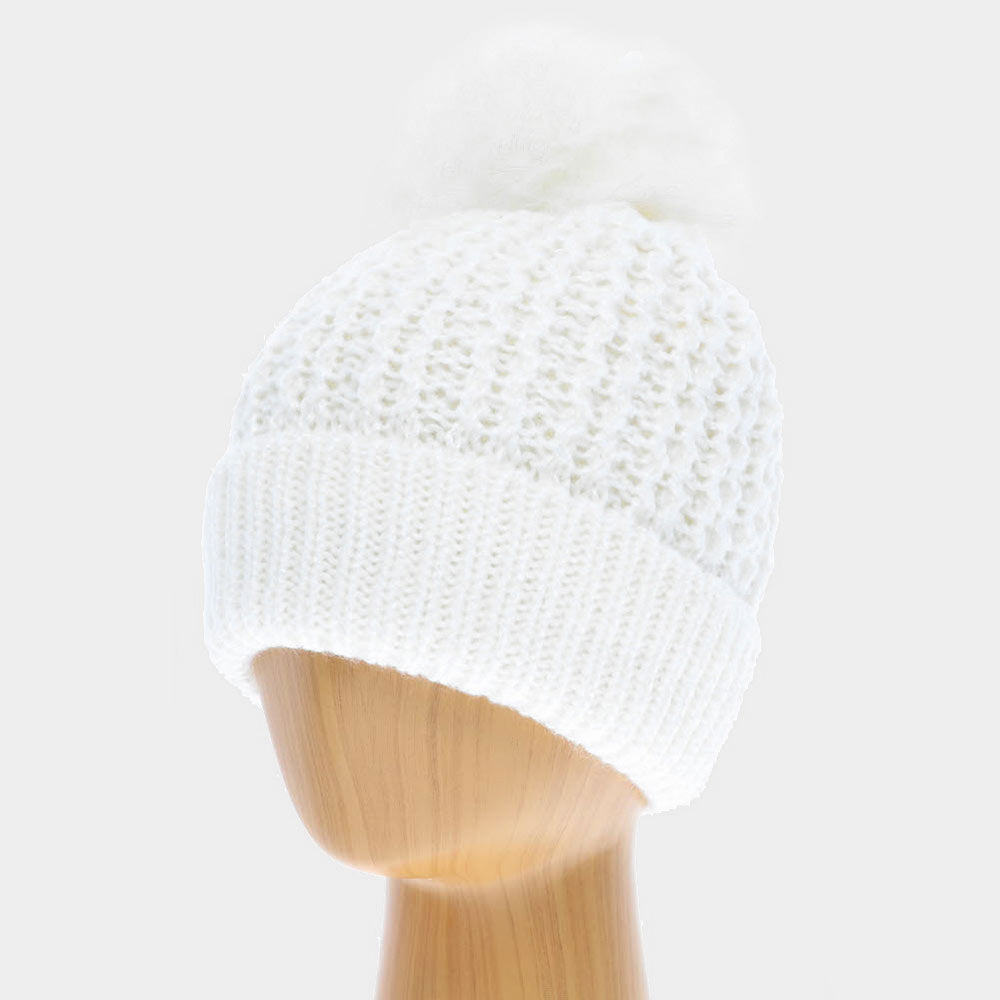 HATEGORY Double Layered Cheetah Print Pom Pom Beanie Hat