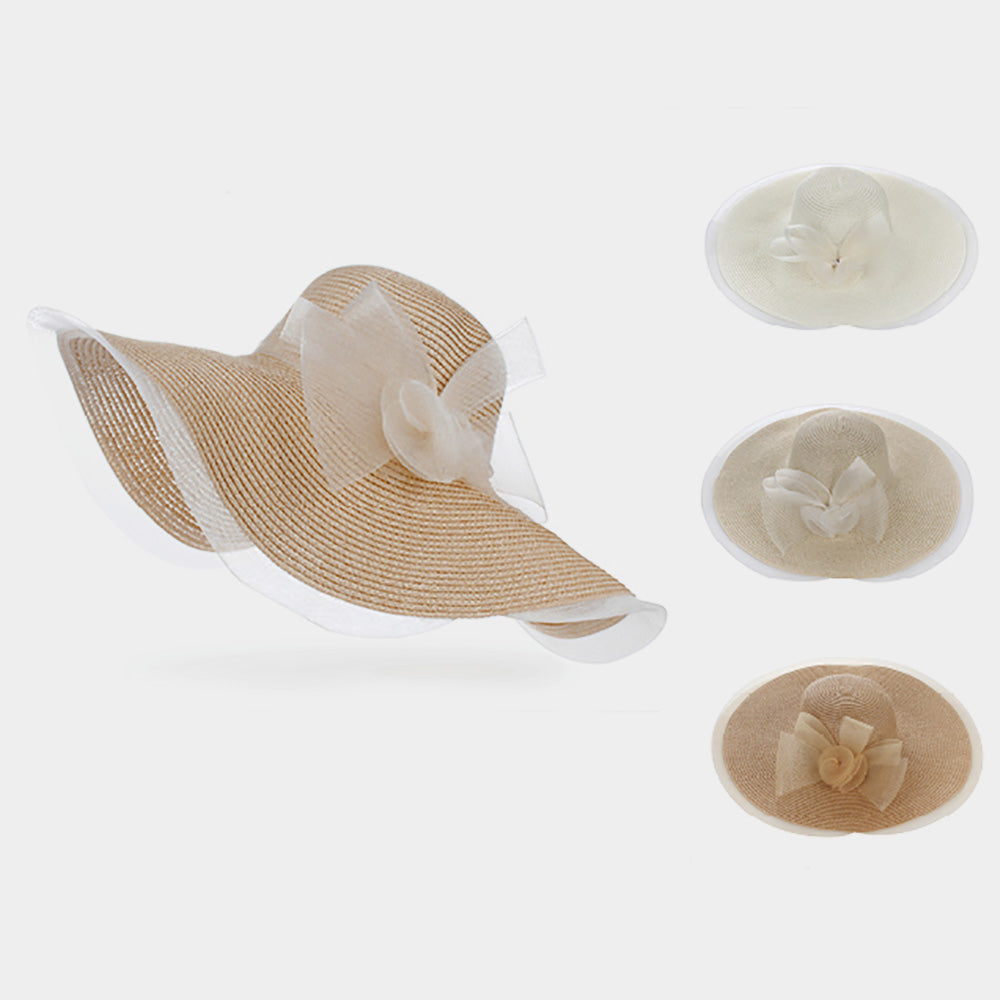 HATEGORY Mesh Bow Accented Woven Straw Floppy Hat