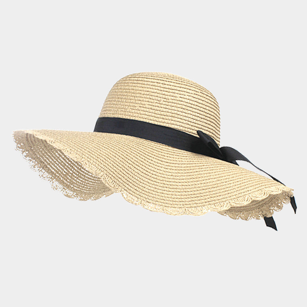 HATEGORY Trim Detail Bow Band Straw Floppy Sun Hat