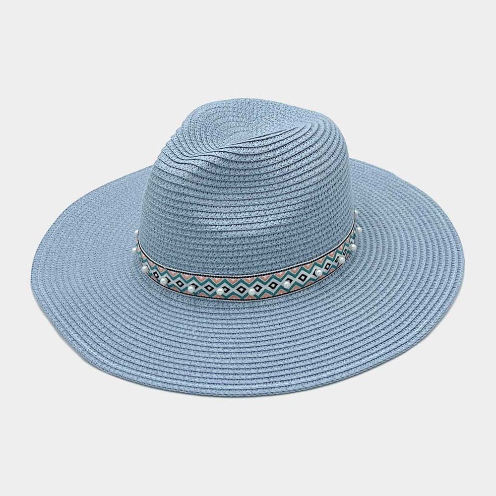 HATEGORY Pearl Embellished Aztec Band Panama Sun Hat