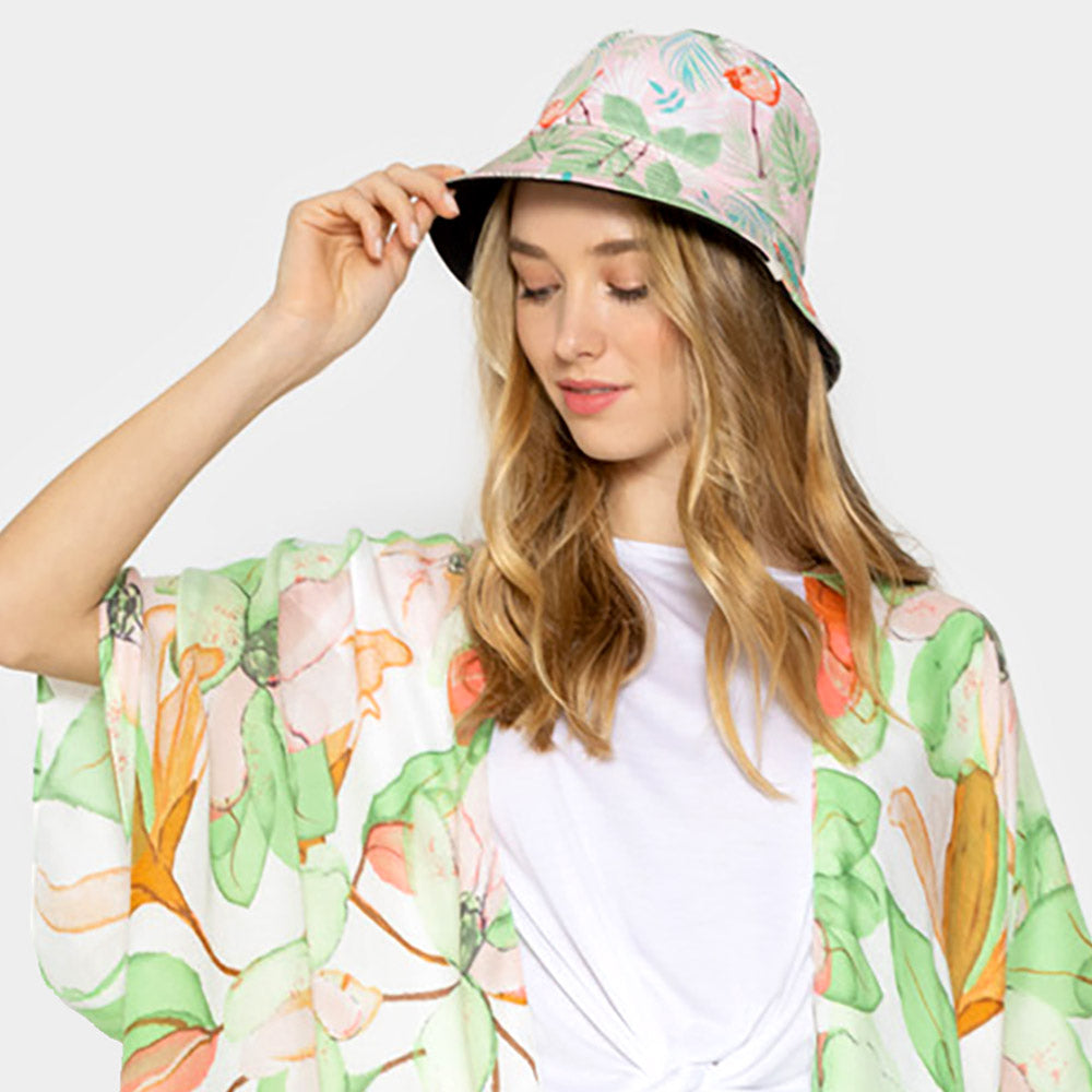 HATEGORY Flamingo Tropical Leaf Printed Reversible Bucket Hat