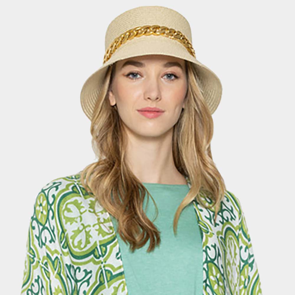 HATEGORY Chain Band Straw Bucket Hat