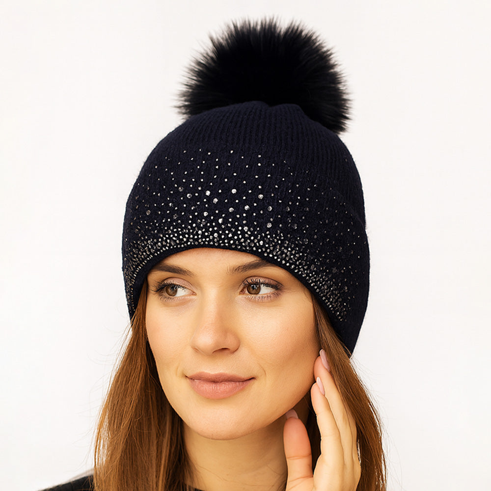 HATEGORY Rhinestone Ribbed Knit Real Fur Pom Winter Beanie Hat