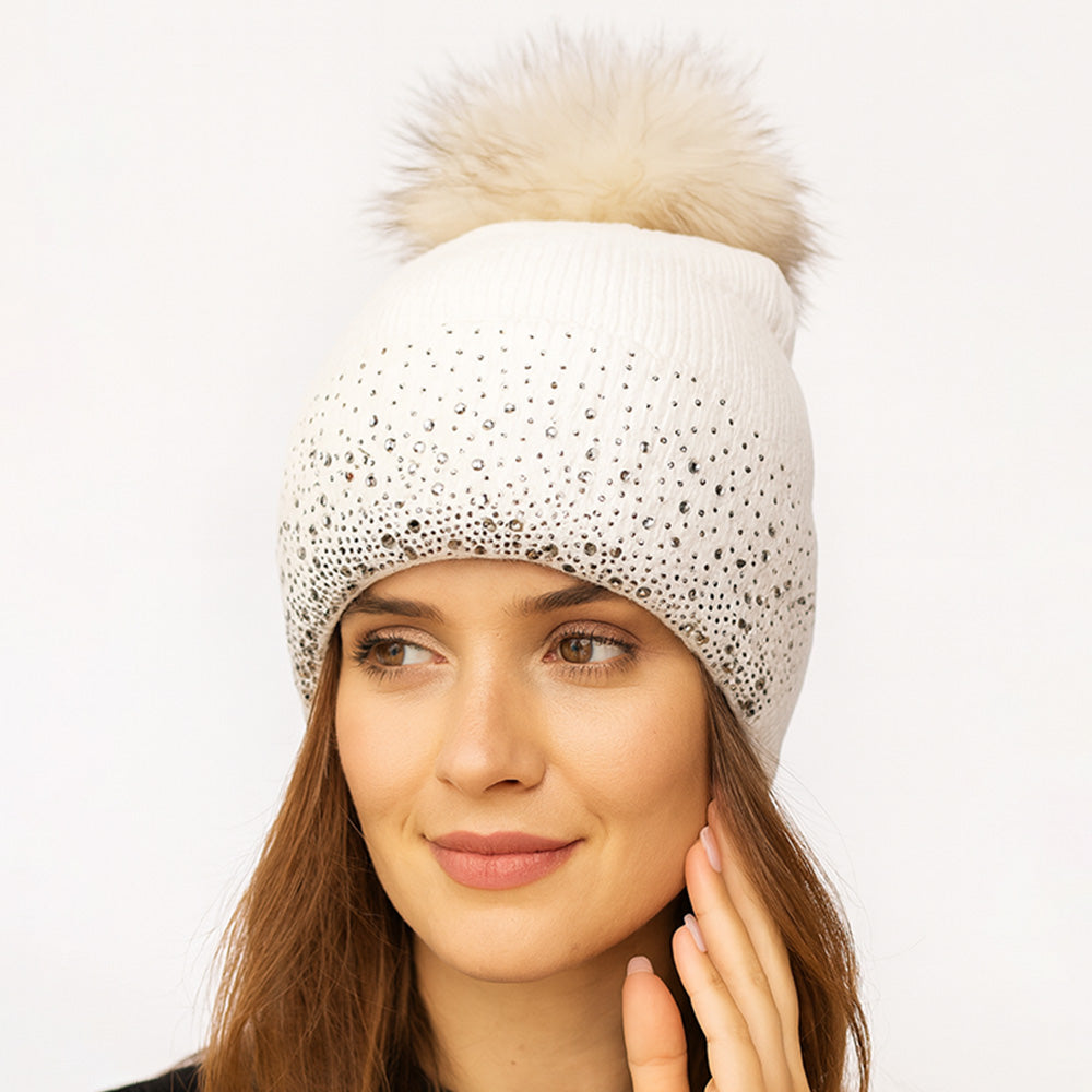 HATEGORY Rhinestone Ribbed Knit Real Fur Pom Winter Beanie Hat