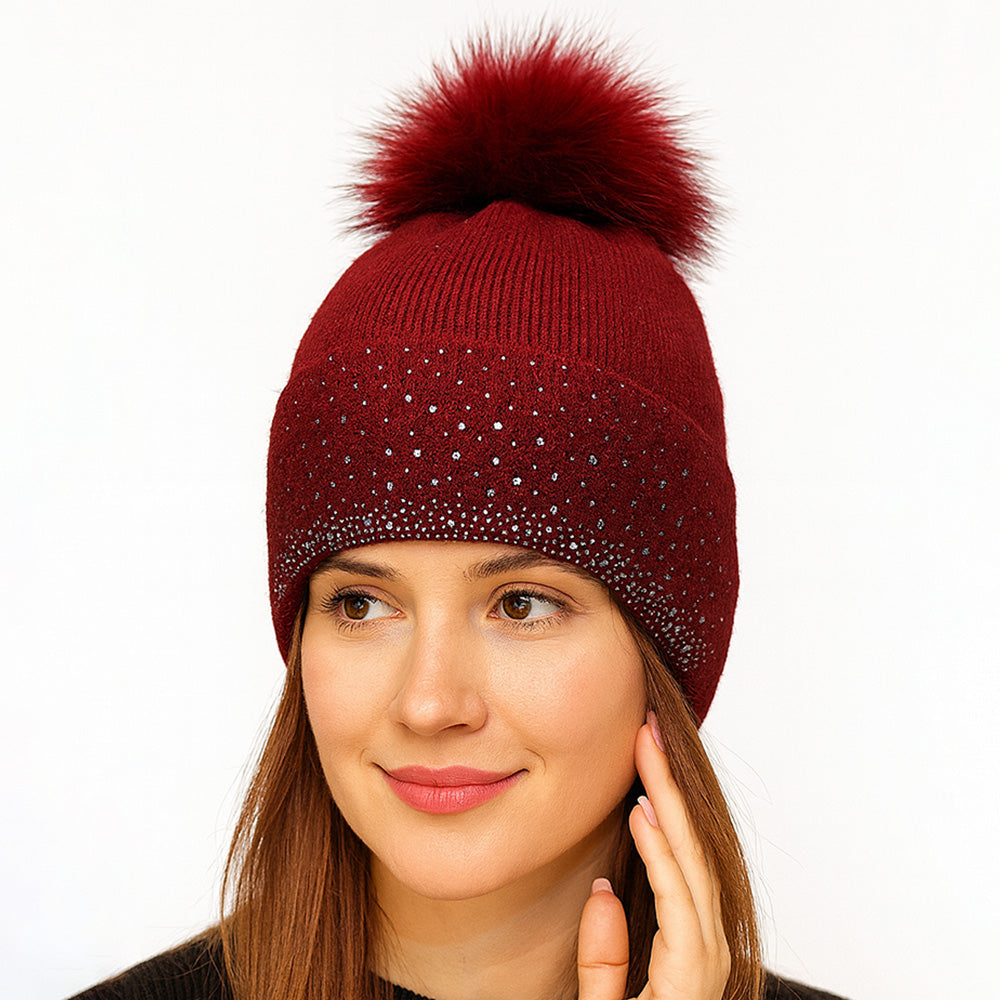 HATEGORY Rhinestone Ribbed Knit Real Fur Pom Winter Beanie Hat