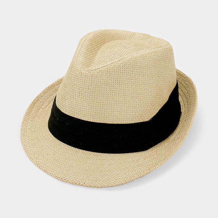 HATEGORY Black Trim Straw Fedora Hat