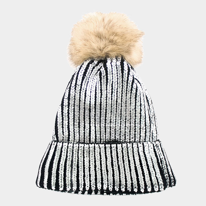 HATEGORY Metallic Painted Fur Pom Pom Beanie Hat