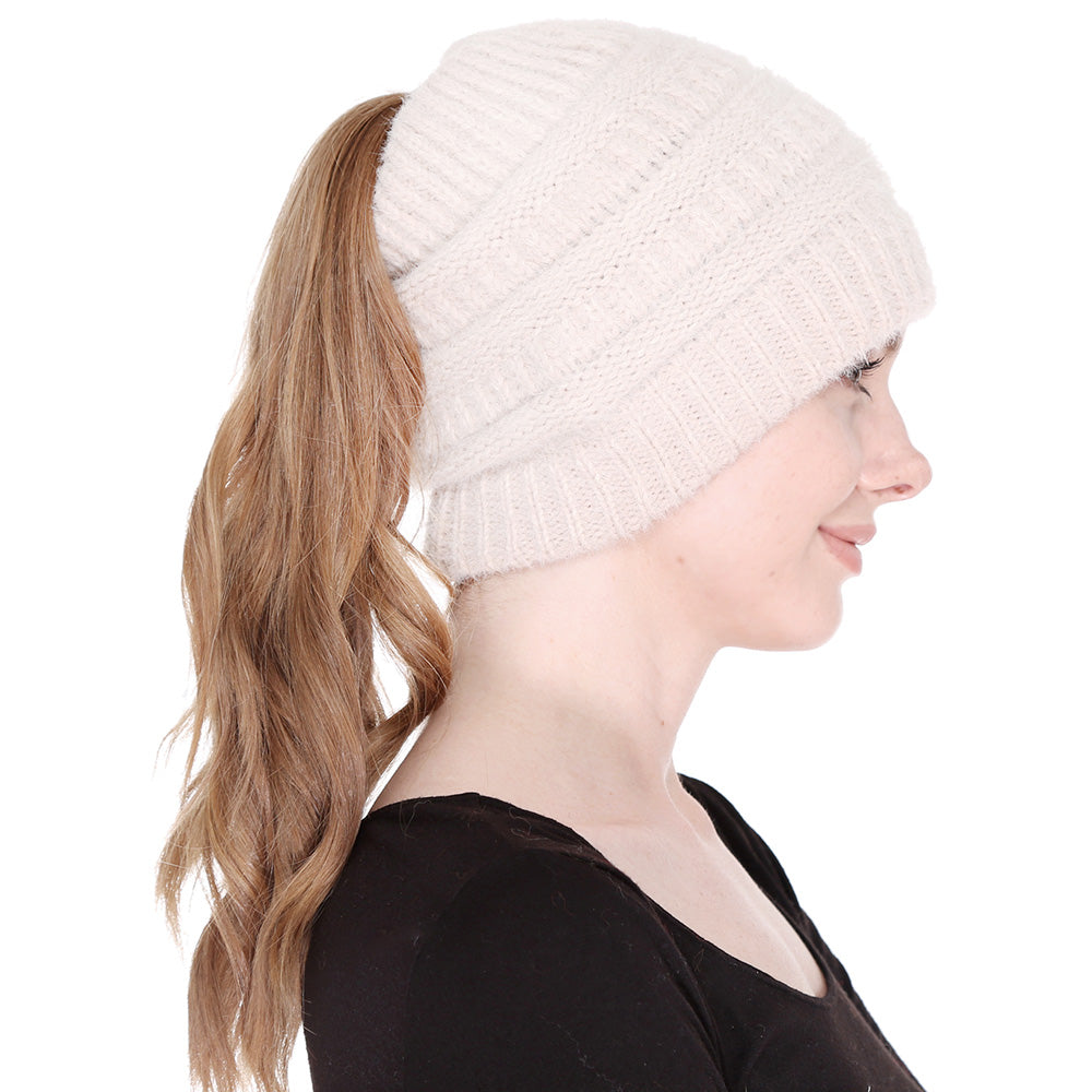 HATEGORY Cable Knit Ponytail Beanie Hat