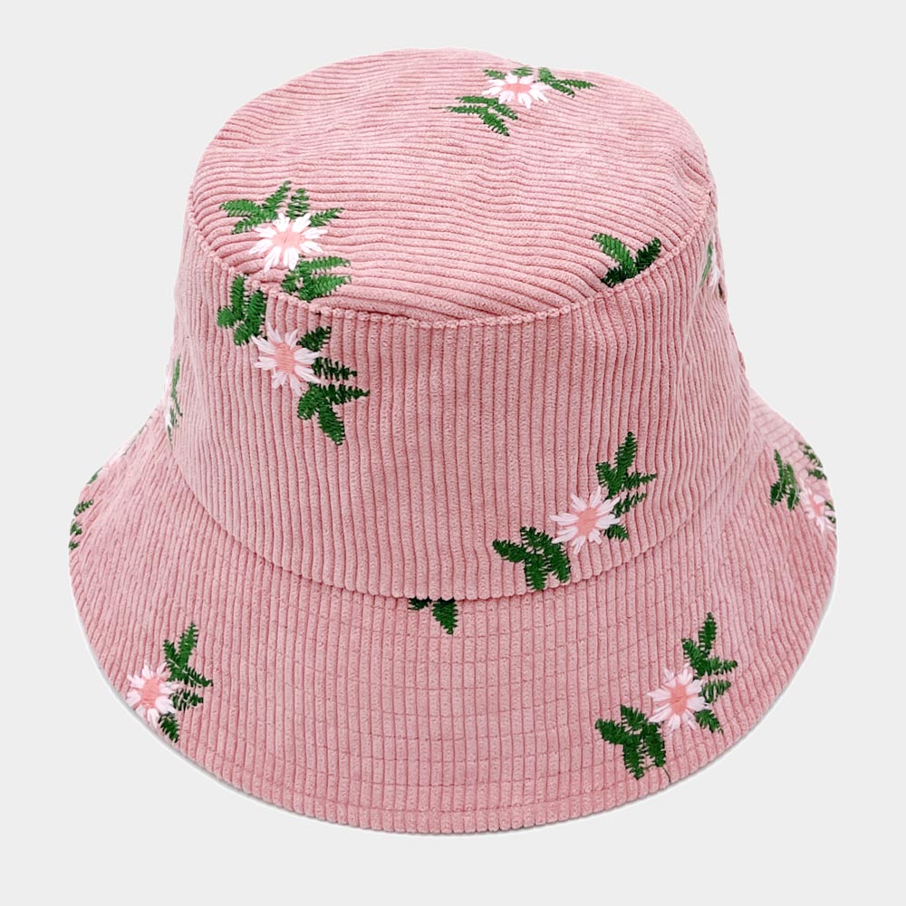 HATEGORY Embroidered Floral Corduroy Bucket Hat