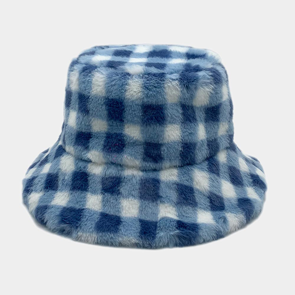 HATEGORY Checkered Faux Fur Bucket Hat