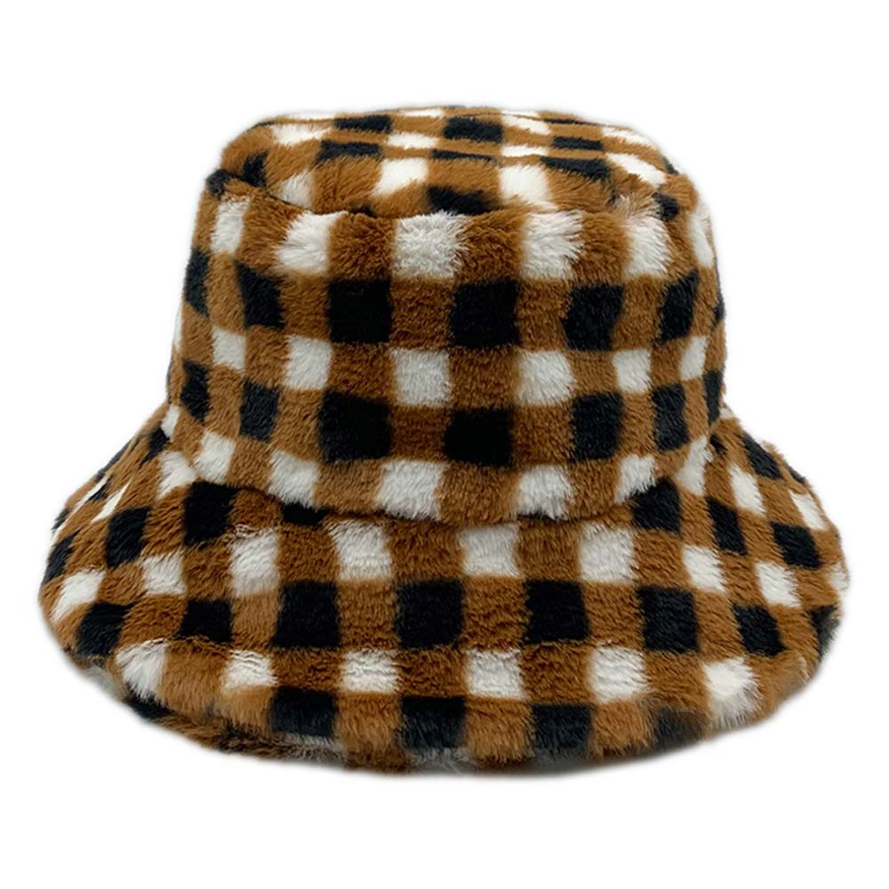 HATEGORY Checkered Faux Fur Bucket Hat