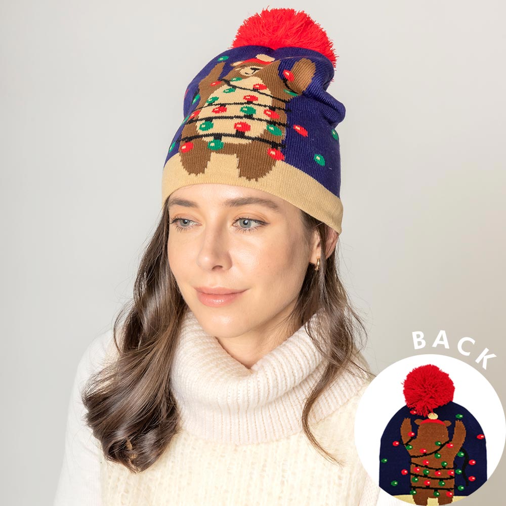 HATEGORY Christmas Bear Pom Knit Beanie Hat
