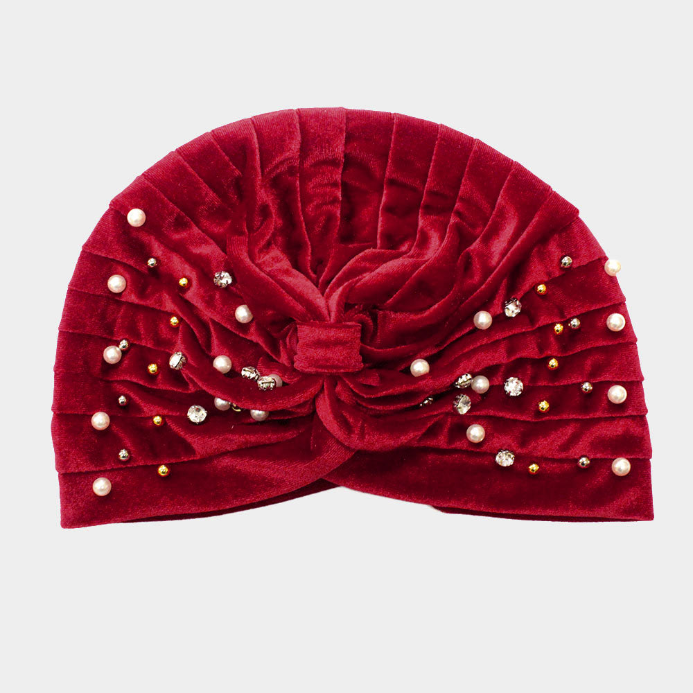 HATEGORY Stone Pearl Detailed Pleated Turban Beanie Hat