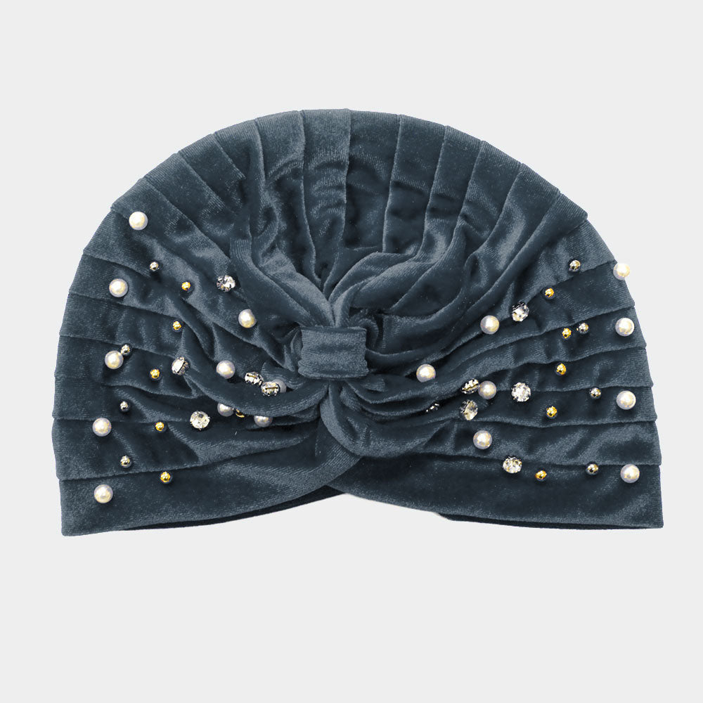 HATEGORY Stone Pearl Detailed Pleated Turban Beanie Hat