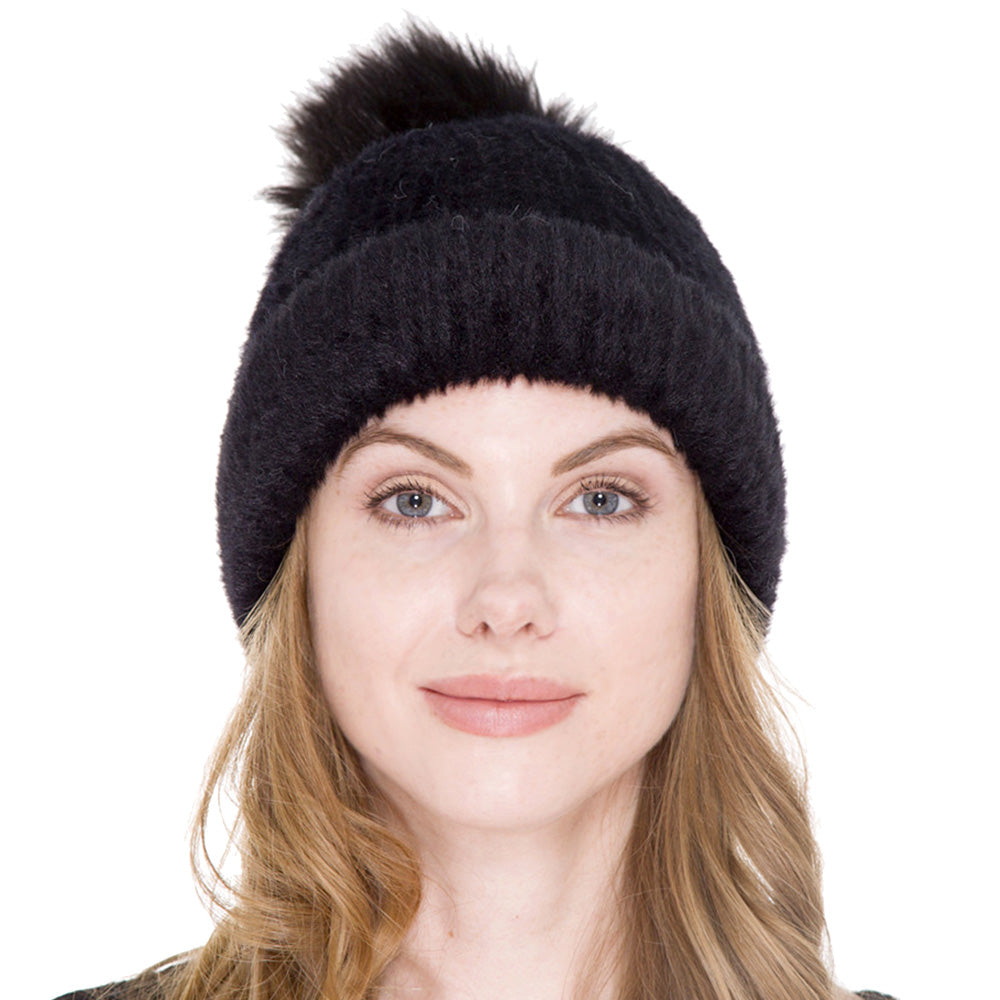 HATEGORY Super Soft Cable Knit Faux Fur Pom Pom Sherpa Lined Beanie Hat
